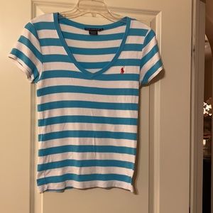 Ralph Lauren Turquoise & White Tripe Knit Tee Size Large